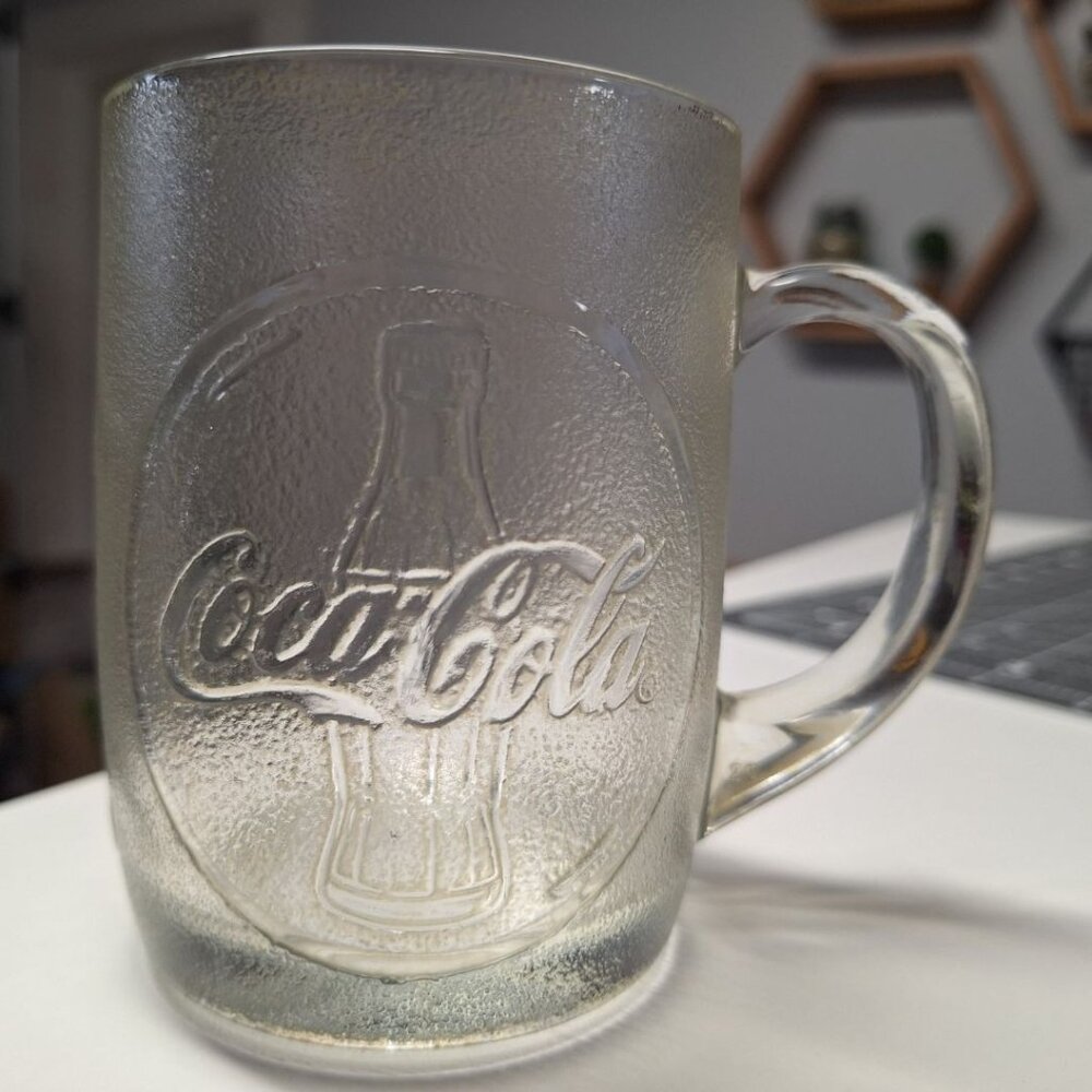 Coca Cola Glass Mug Frosted Embossed‎ Bottles Coffee Tea Vintage USA Made Thick
